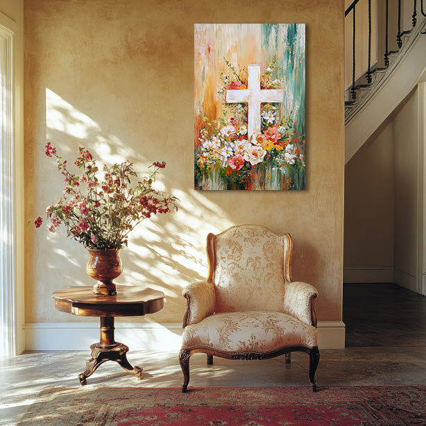 Cross Painting with Burst of Flowers