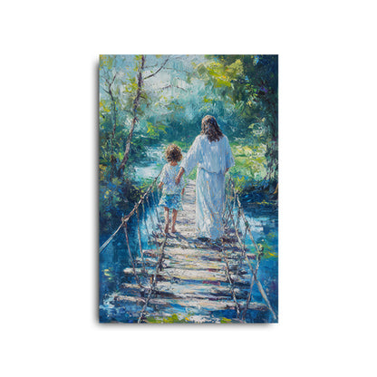 Jesus Keeping Child Safe on Bridge